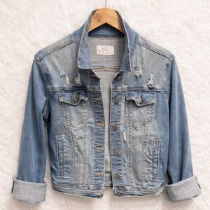 KanCan Cropped Distressed Frayed Stretch Denim Jacket | Size L